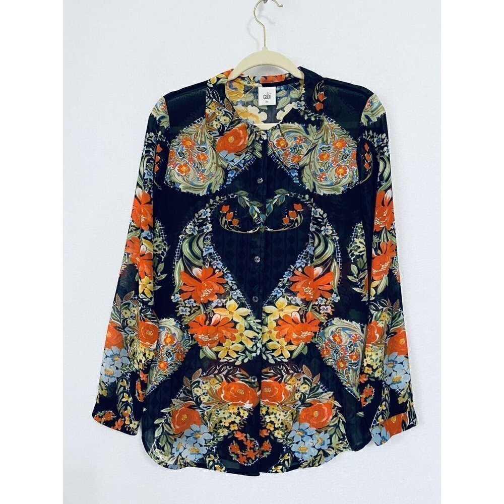 Cabi Womens Small Armour Floral Print Button Up Blouse Sheer Long Sleeve 3072